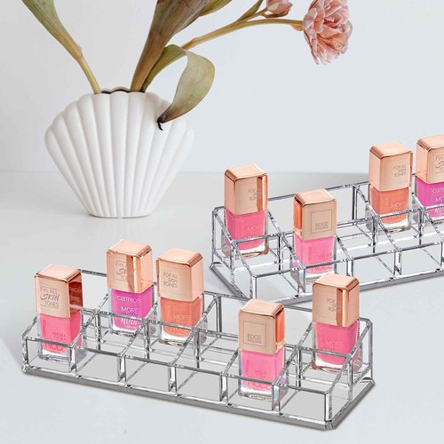 Amazing Abby - Glamour - 2-Pack 12-Slot Acrylic Nail Polish Organizer, Lipstick Holder, Lip Gloss Organizer, Cosmetic Storage Display, Perfect Storage Solution for Drawer, Vanity, Bathroom, and More