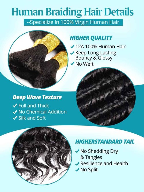 100g 3 Bundles/Pack Human Braiding Hair for Boho Braids 14 Inch Curly Boho Hair for Braiding Knotless 12A Deep Wave Bulk Bohemian Natural Black