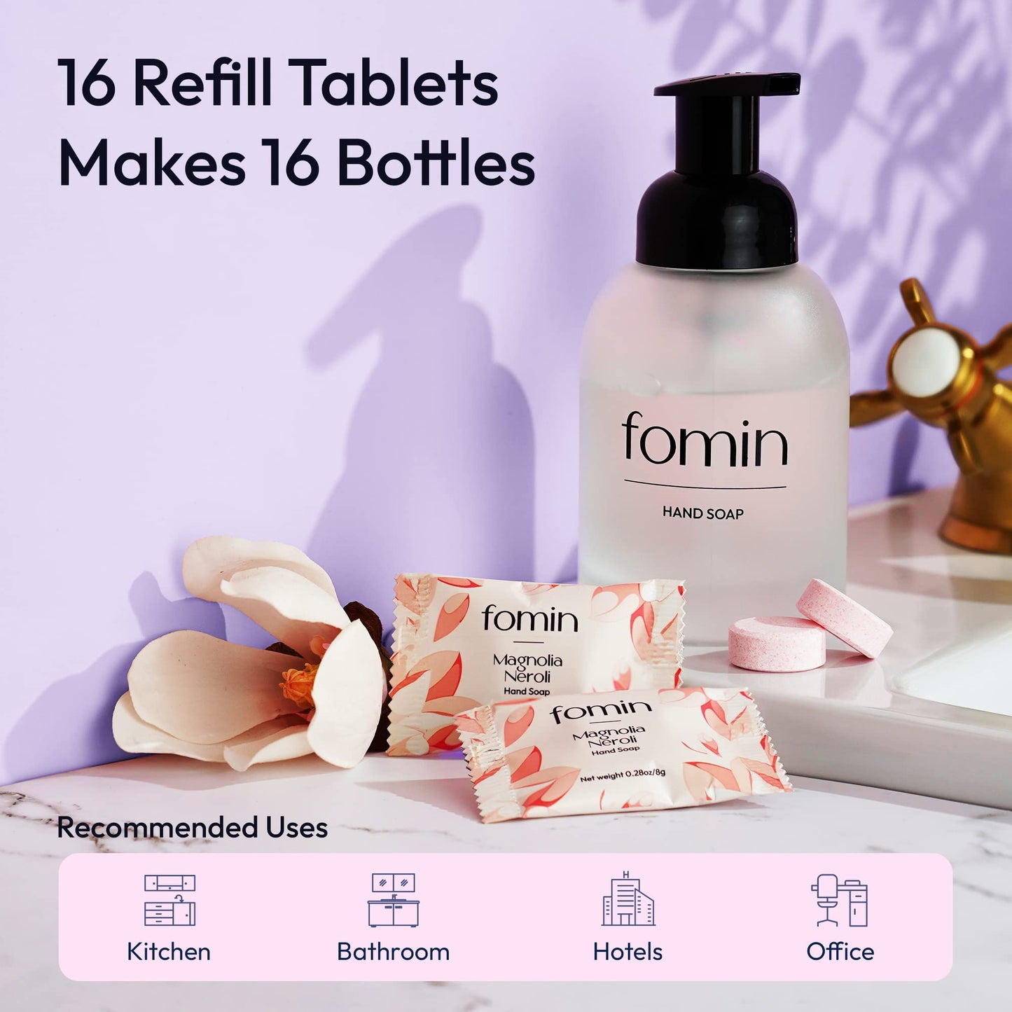 FOMIN Foaming Hand Soap Tablets (16 Count) - Makes 128 fl oz (16 x 8 fl oz) - Magnolia Neroli - Foaming Hand Soap Refills, Sustainable Soap Tablets for Hands