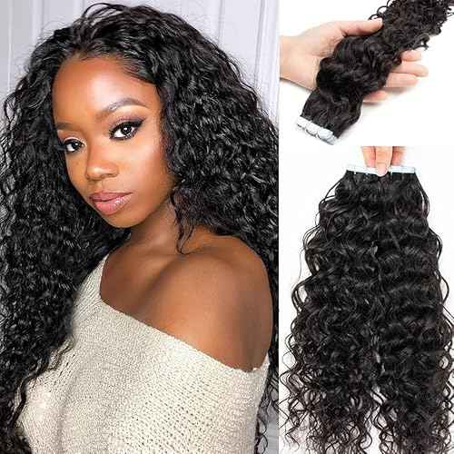 Curly Tape in Hair Extensions Human Hair for Women Water Wave Double Side Skin Weft Tape on 16 Inch Real Virgin Hair Deep Water Wave Invisible Seamless Hair Extensions 50g 20pcs