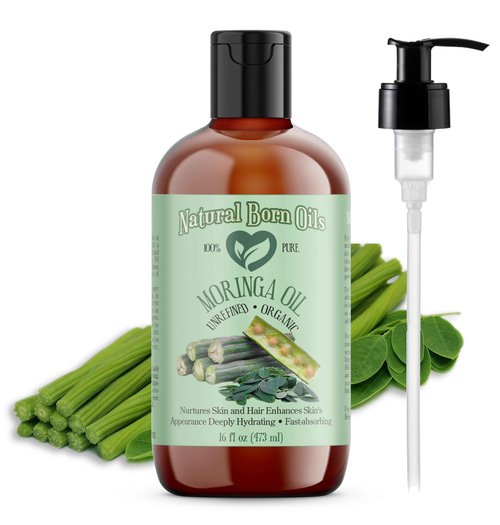 Natural Born Oils Moringa Oil, 16 oz, Organic, Cold‑Pressed, Nutrient‑Rich, Enhances Skin Softness & Hair Shine