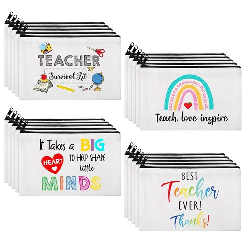 Saintrygo 20 Pieces Teacher Gifts Makeup Bags Bulk Canvas Survival Kit Cosmetic Bag Zippered Pencil Case Appreciation Gifts Travel Toiletry Pouch for Graduation Teachers Day(Heart)