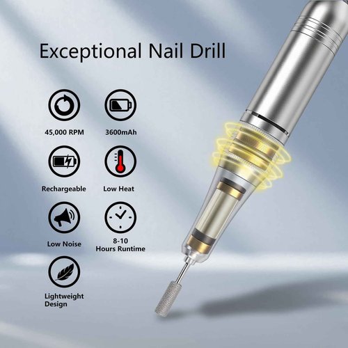 45000 RPM Professional Cordless Nail Drill – Rechargeable Electric Nail File Kit with LCD Display, 6 Nail Bits, High Torque & Low Noise – Portable E File for Acrylic & Gel Nails, Manicure & Pedicure