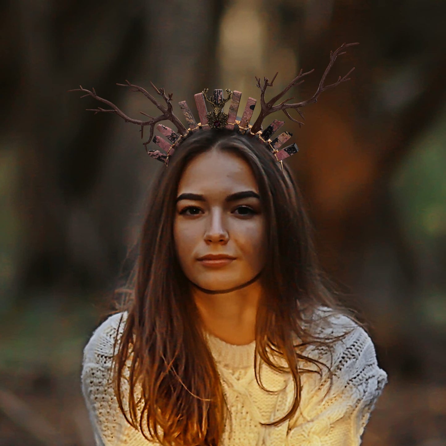 COSUCOS Woodland Fairy Crown Crystal Headpiece Forest Deer Horns Headband Renaissance Wedding Photoshoot Cosplay with Rhodochrosite Stone Brown