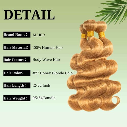 ALHER Color #27 Honey Blonde Bundles Human Hair Body Wave, Sew In Weave Wavy Single Bundle for Black Women, 12A 100% Unprocessed Virgin Remy Hair Soft Thick 14 Inch
