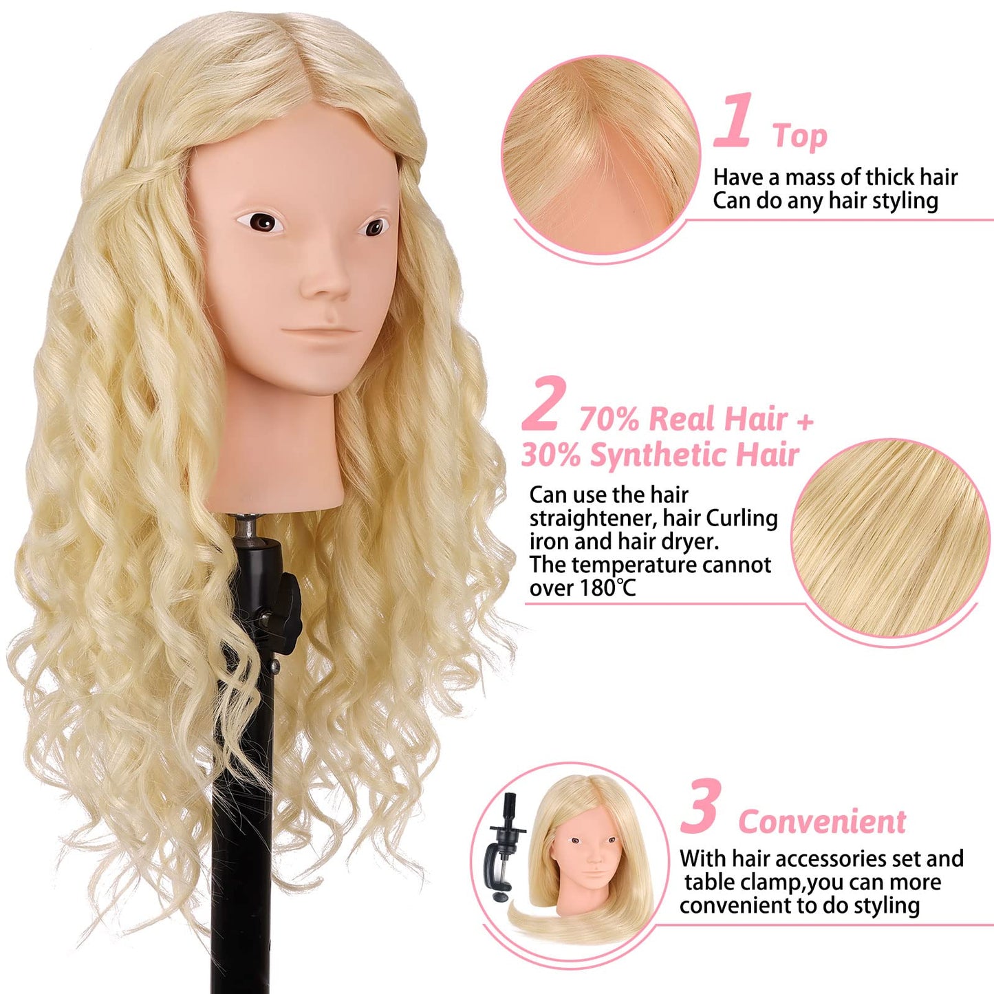 Mannequin Head with 70% Real Hair, TopDirect 26" Blonde Human Hair Styling Hairdressing Cosmetology Mannequin Manikin Makeup Training Practice Head with Clamp and Tools