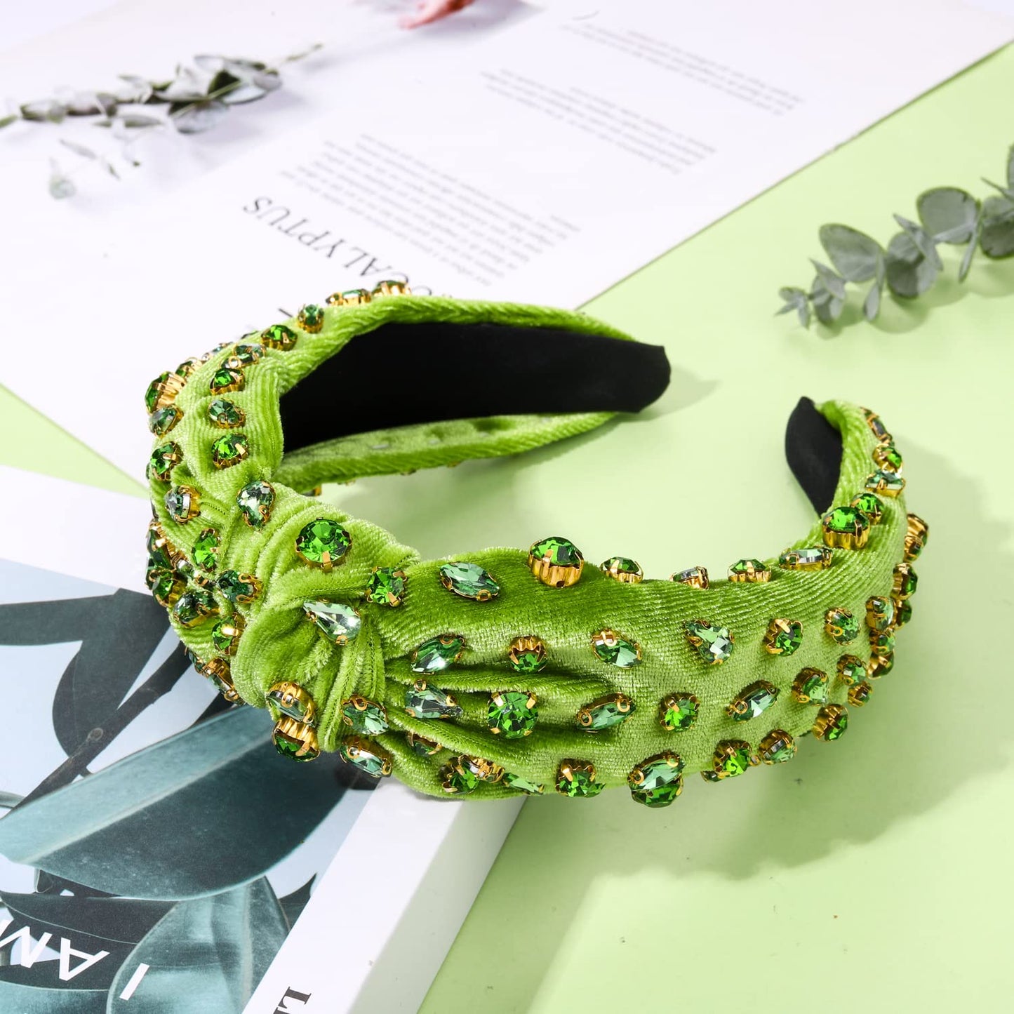 CENAPOG St Patrick's Day Rhinestone Knotted Headband for Women Green Crystal Embellished Hairbands Twist Turban Headband Elastic Wide Velvet Hair Hoop Party Holiday Headwear for Girls (Green)