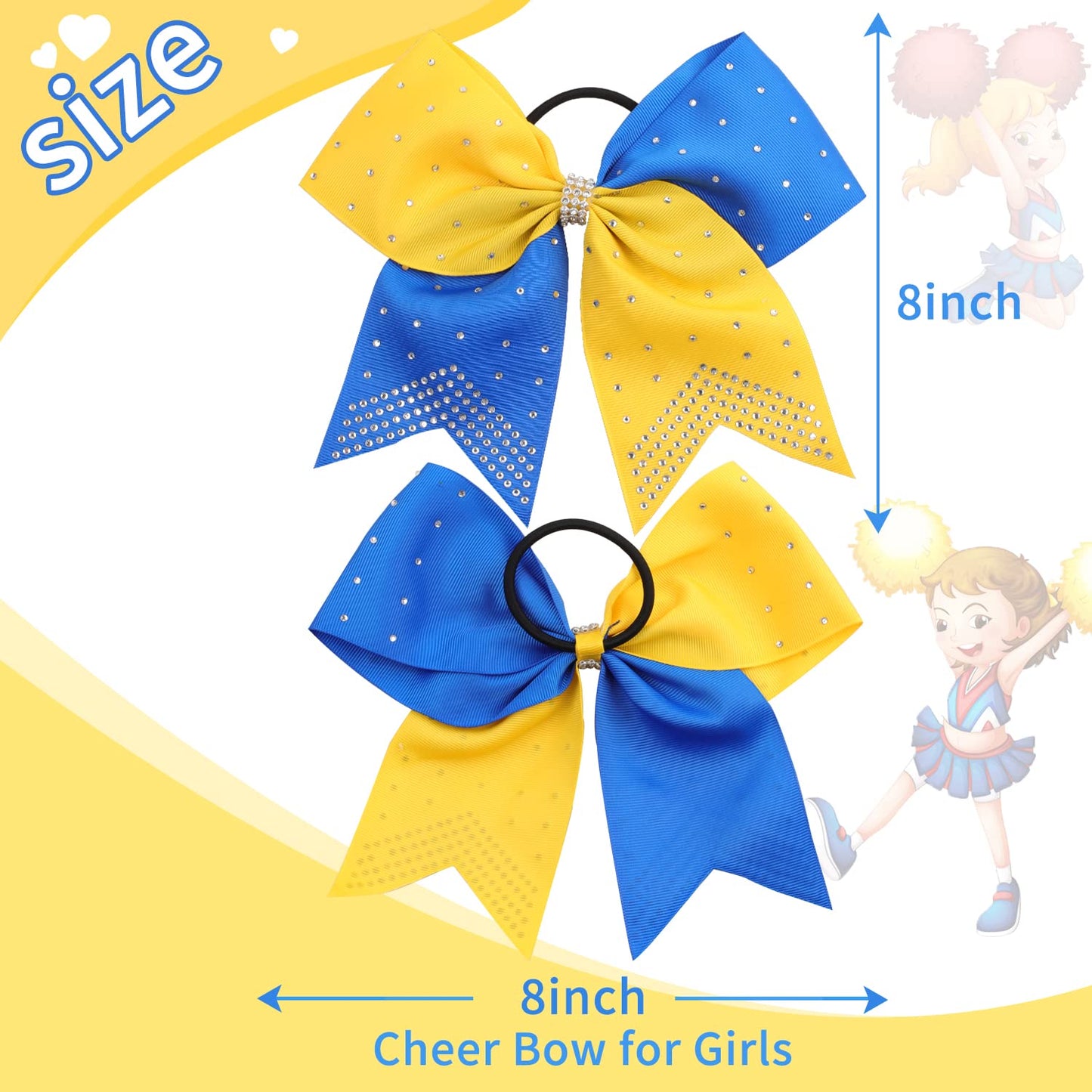 6PCS 8" Large Cheer Hair Bows Ponytail Holder, Rhinestones Cheerleader Bows with Elastic Band Hair Tie Handmade for Cheerleading Teen Girls College Sports (Yellow/Royal Blue)