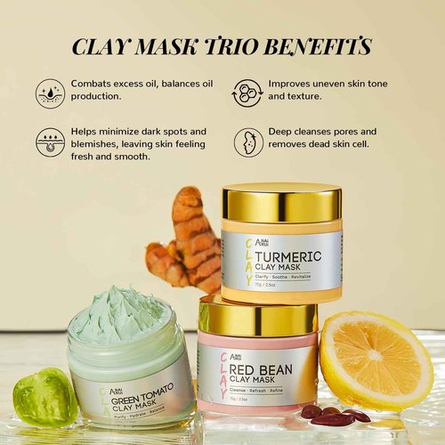 ANAI RUI 3 Pcs Pore Cleansing Face Mask Set,Green Tomato Clay Mask - Turmeric Vitamin C Facial Mask Red Bean Refreshing Pore Mask, 3-in-1 Spa Face Masks Skincare Gift Set 2.5 oz each
