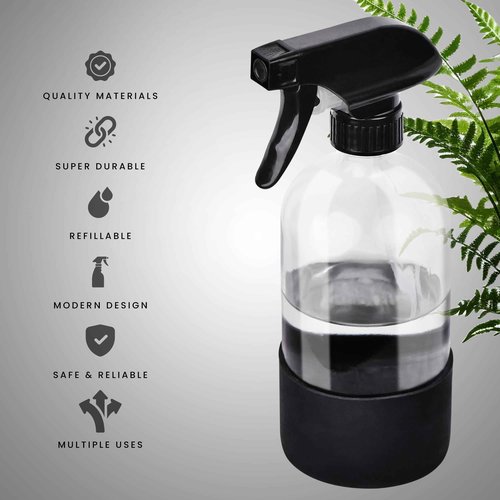 LIQVAL 16oz Empty Glass Spray Bottle with Silicone Sleeve Protection - Refillable Containers for Cleaning Solutions, Essential Oils, Misting Plants - Including 2 Sprayers (Clear, 1 PACK)