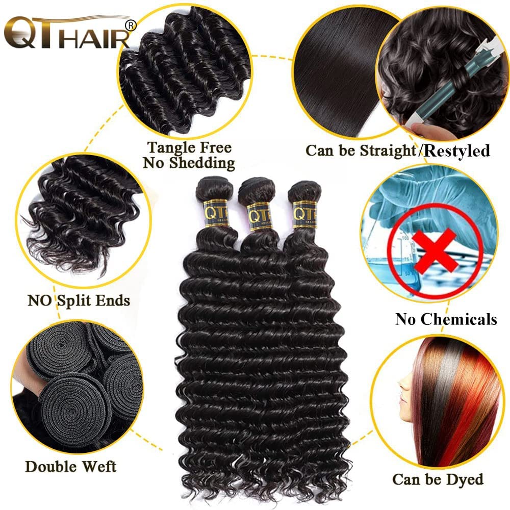 QTHAIR 14A Brazilian Deep Wave Bundles with Closure Virgin Human Hair Bundles with Closure 4x4 Lace Natural Color for Black Women 100% Unprocessed Deep Wave Human Hair(14 16 16+12)