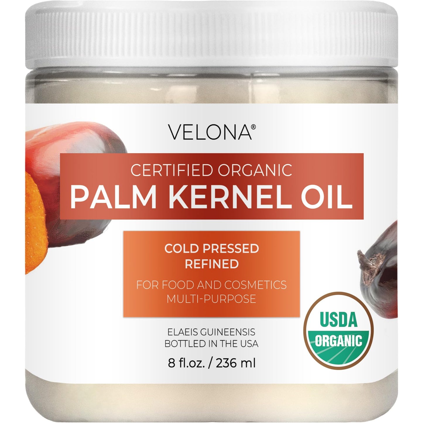 velona USDA Certified Organic Palm Kernel Oil - 8 Fl Oz | 100% Pure and Natural Carrier Oil | Refined, Cold Pressed | Face, Hair, Body & Skin Care | Use Today - Enjoy Results