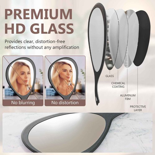 Large Handheld Mirror with Handle - 10.5" W x 19.5" L Extra Large Size to See The Entire Back of Your Head, Clear Without Distortion, Ergonomic Handle with Hanging Hole for Hanging, Oval, Black