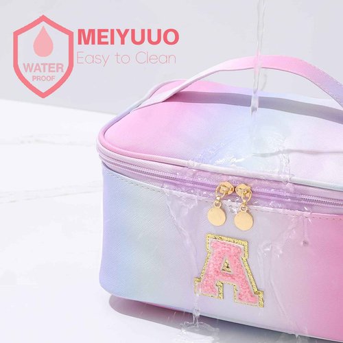 Meiyuuo Large Makeup Bag Portable Preppy Rainbow Colour Travel Pro Cosmetic Pouch Cute Cow Print Personalized Toiletry Organizer with Removable Divider for Women Initials Letter A Gradient Pink