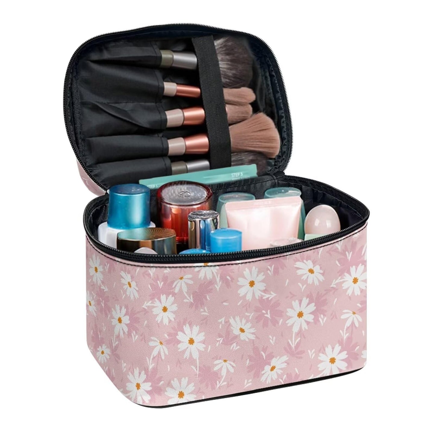 ELEDIZI Cute Pink Floral Makeup Bag Aesthetic Cosmetic Bags for Women Travel Toiletry Bag with Brush Holder Large Capacity Skincare Bag Portable Cosmetic Organizer Case Nice Gifts for Teenage Girls