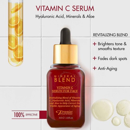 Vitamin C Serum for Face with Hyaluronic Acid & Rose Hips oil - Natural & Organic Anti Aging facial serum, Mineral Blend by Premier Dead Sea 1.02 Fl Oz