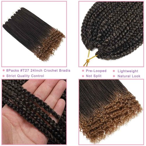 144 Strands Goddess Crochet Box Braids with Curly Ends 24 Inch Pre Looped Box Braids Crochet Hair 8 Packs Curly Crochet Braids for Black Women