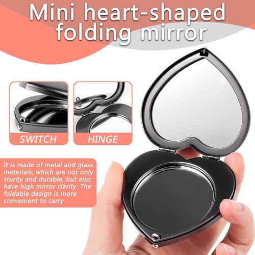 EYIWEITING Mini Heart Compact Mirror,Compact and Beautiful, Portable 1X/2X Magnifier, Sturdy, Perfect for Gifts (Pearl Black)