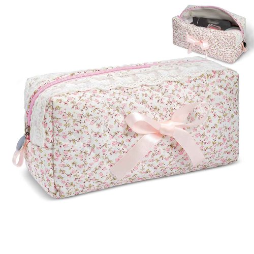 SXS LACONIC Quilted Makeup Bag,Travel Coquette Cosmetic Brush Pouch,Cute Bow Floral Make up Organizer Handbag,Large Capacity Toiletry Bag