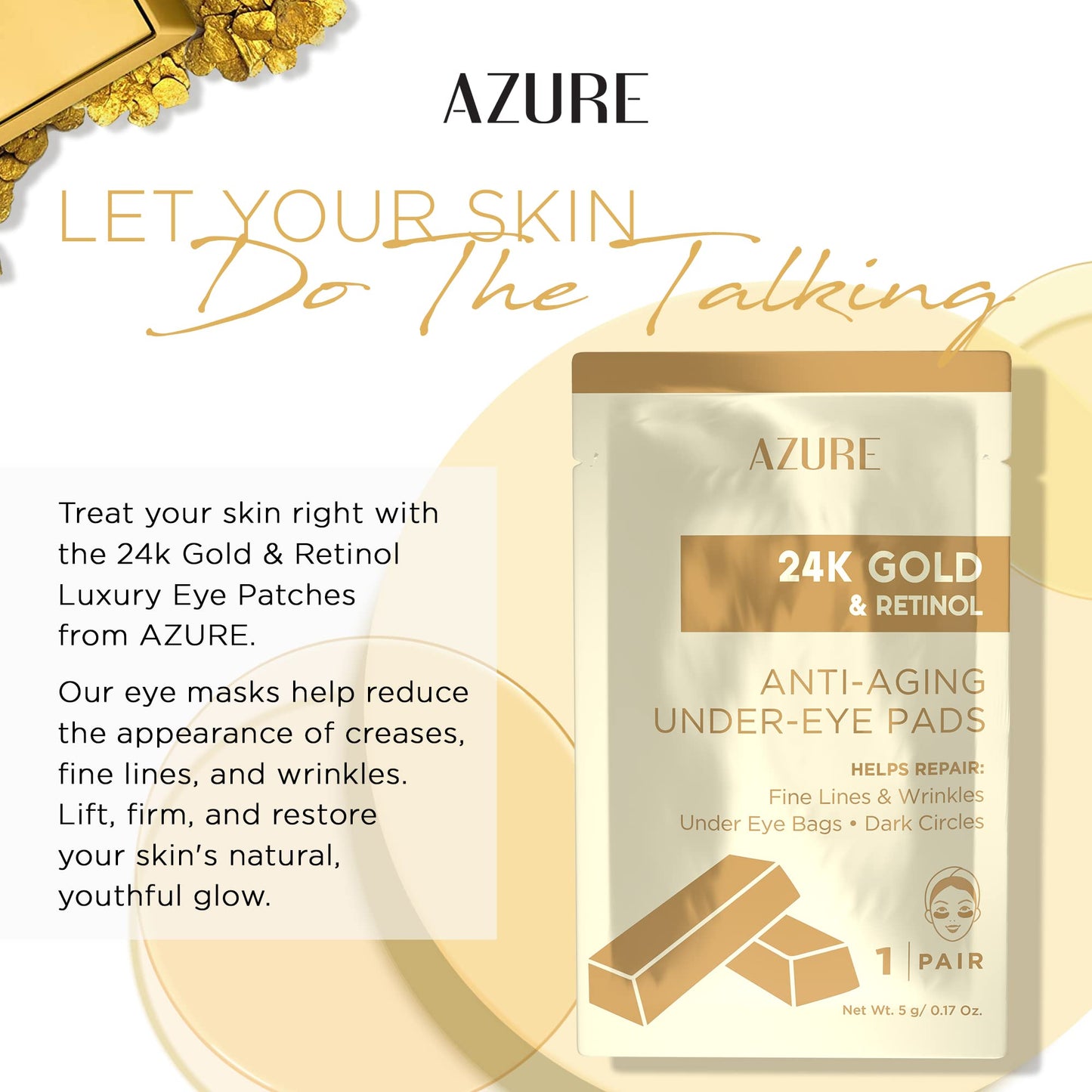 AZURE 24K Gold & Retinol Anti Aging Under Eye Patches - Firming, Restoring & Deeply Hydrating Eye Mask - Reduces Fine Lines, Wrinkles, Dark Circles & Puffiness - Skin Care Made in Korea - 5 Pairs