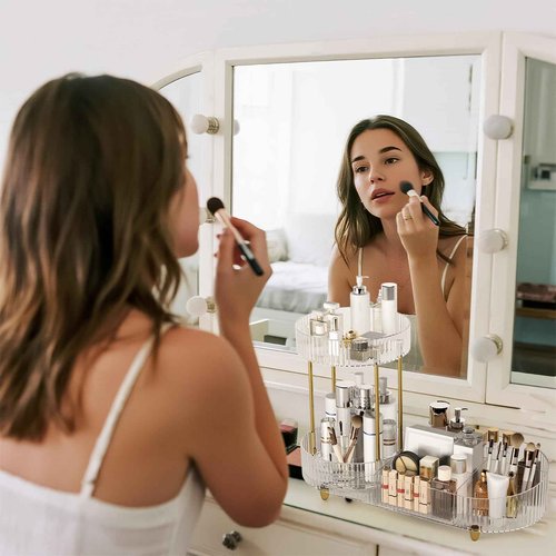 Beborxue Makeup Organizer Countertop for Vanity, 360 Rotating Cosmetic Skincare Perfume Organizers, Large Capacity Cosmetic Display Case for Dresser, Bathroom Countertop (Clear)