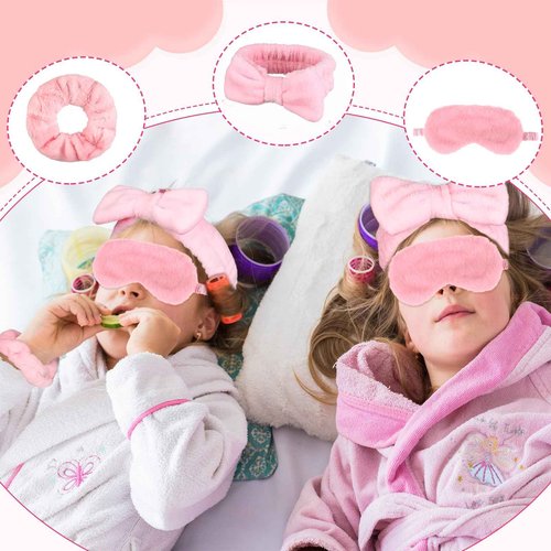 FIONUPI 30 Pcs Spa Sleepover Party Supplies 6 Bow Makeup Headband 6 Pink Plush Sleep Eye Mask 6 Velvet Scrunchies 6 Makeup Remover Cloth 6 Clear Cosmetic Bags for Women Slumber Party Favors