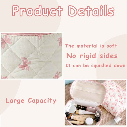 RSRSLEII 3Pcs Large Cotton Quilted Makeup Bag Set, Cute Coquette Floral Cotton Cosmetic Bag with Bows, Aesthetic Travel Organized Toiletry Bags for Women Girls（01White Pink）