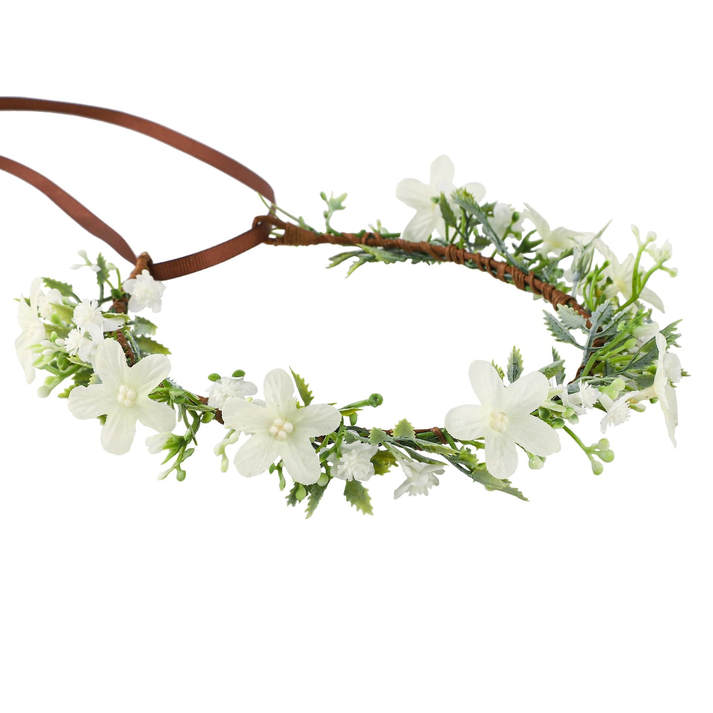 KorViSHOW Handmade White Flower Crown Green Leaf Headband Floral Headpiece Fairy Hair Wreath Flower Hair Accessories for Girls Weeding Bride Cosplay Party