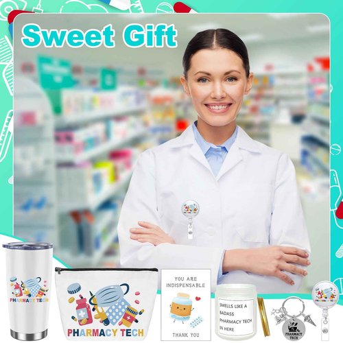 Yoloodayy 6 Pcs Pharmacy Technician Gifts Include Cup Portable Cosmetic Bag Badge Keychain Aromatherapy Thank You Card Pharmacy Technician Accessories for Doctors Nurses Week Gift Supplies