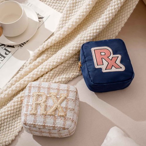 RSRSLEII Small Medicine Bag for Travel, Personalized RX Chenille Letters Checkered Pouch for Women and Girls, Cute Meds Drug Makeup Bags with Zipper (01Beige Checkered)