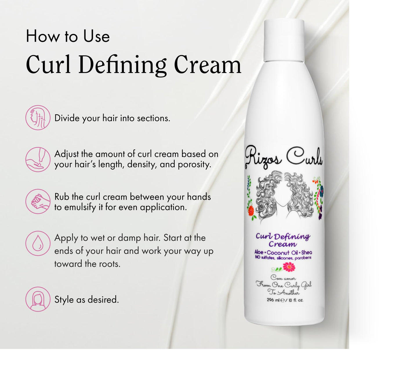 Rizos Curls Curl Defining Cream, Enhance Waves, Curls & Coils, Soft Hold Weightless Volume, Moisturizing Frizz-Free Shine with Aloe Vera, Coconut Oil & Shea Butter, All Curl Patterns 2a - 4c, 10 oz