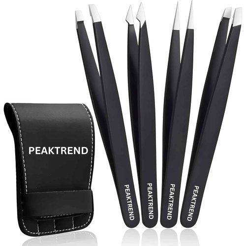 PeakTrend 4-Piece Tweezers Set, High Precision Stainless Steel Eyebrow Tweezers for Facial Hair, Inward Growing Hair and Splinter Remover Kit, Suitable for Women and Men with Leather Travel Case