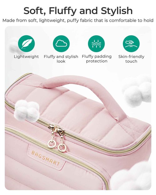 BAGSMART Travel Makeup Bag with Jewelry Organizer, Portable Make Up Bag, Puffy Wide-Opening Cosmetic Storage Pouch for Women’s Toiletries and Travel Essentials (Black)