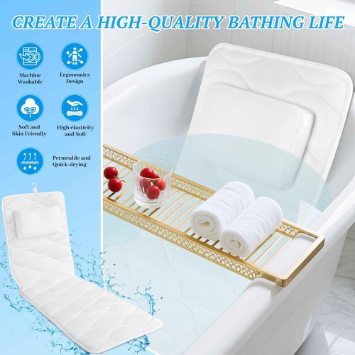 TranquilRelax Bath Pillow for Tub with Laundry Bag & 17 Non-Slip Suction Cups, Extra Thick and Soft Bathtub Pillow for Head, Neck & Shoulder Support, 51" x 16" White
