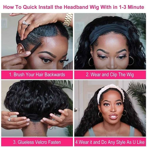 mengkai 10 Inch Curly Headband Wig Human Hair Natural Color Glueless Headband Wigs for Women None Lace Front Wigs With Headband Attached Human Hair Wigs