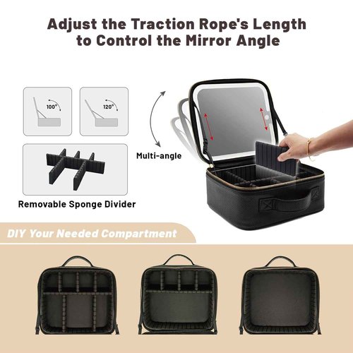 PRALENA Portable Travel Cosmetic Bag with LED, 3-color Adjustable Cosmetic Organizer, Women's Cosmetic Case, Mirror Makeup Bag Case Rechargeable (Black)