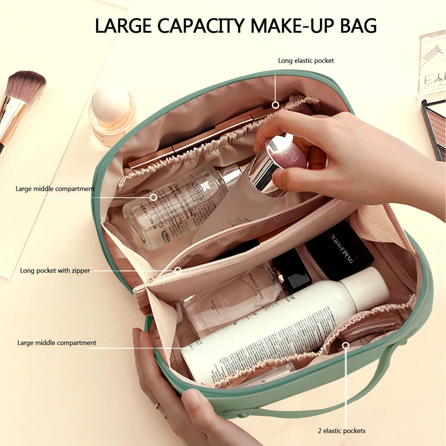 Large Capacity Cosmetic Bag, Travel Cosmetic Storage Bag with Handle, Portable Zipper Cosmetic Bag Toiletry Bag Makeup Bag Large with Compartments for Women Girls