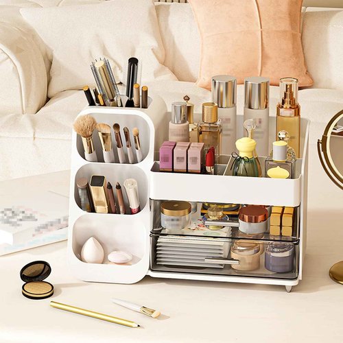 HEVOY Makeup Organizer with Drawer, Skincare Products Perfume Desk Storage Box, Beauty Holder Rack for Lipstick Brush Eyeliner, Cosmetic Display Case for Dresser Countertop & Bathroom Vanity (Pink)