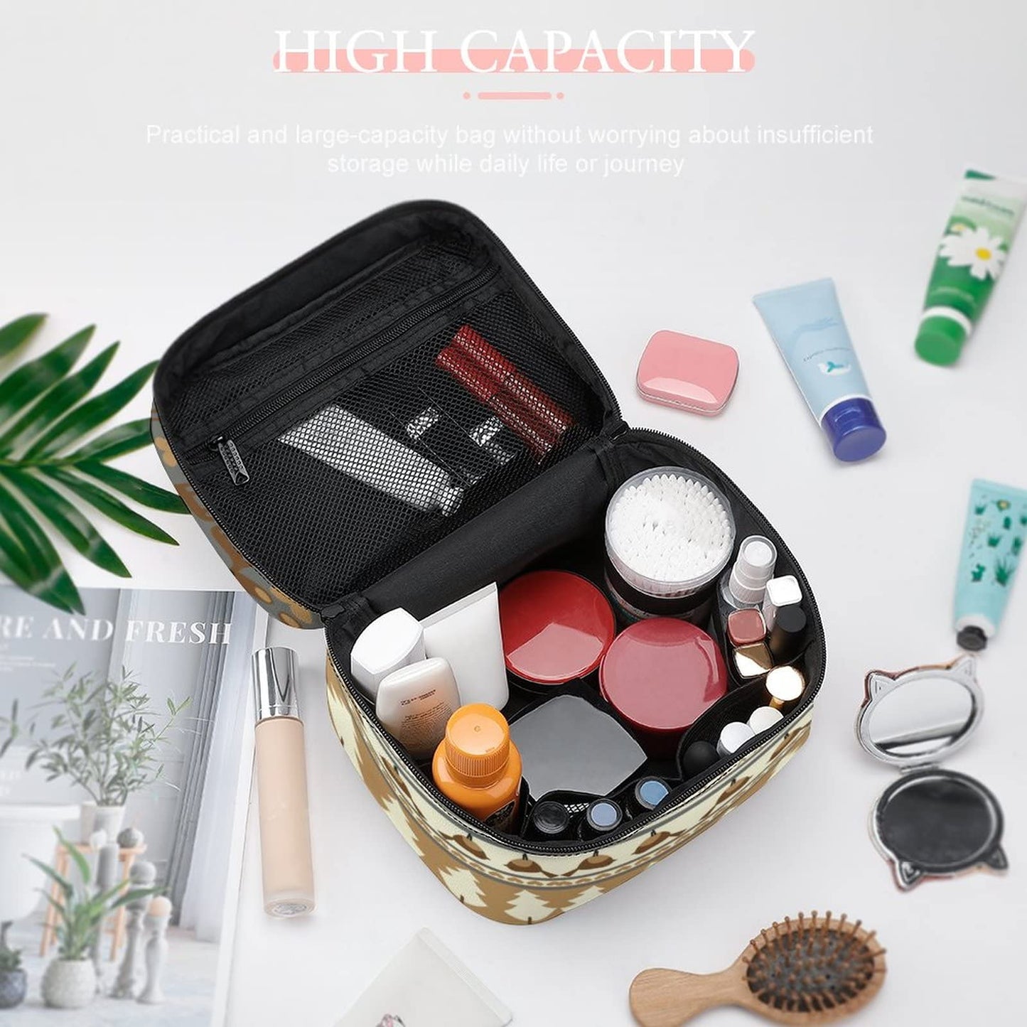 BOOGOBING Deer Kawaii Makeup Bag Travel Essentials Toiletry Bag, Xmas Cosmetics Bag Storge, Women PU Leather Makeup Organizer,MTX69