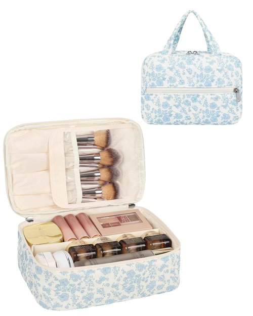 Large Makeup Bag, Travel Cotton Floral Makeup Bag Quilted Cosmetic Bag Gifts for Women Girls Portable Cute Makeup Organizer Bag With Removable Divide and Makeup Brush Compartment