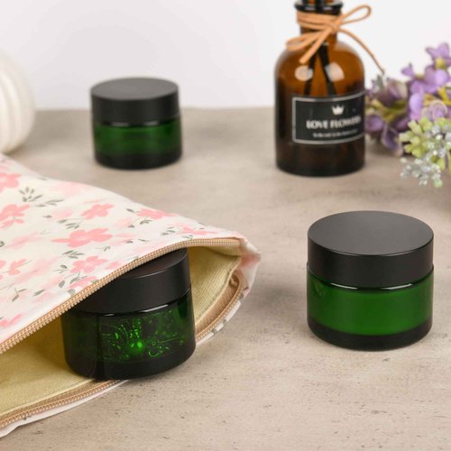 Glass Jars with Lids,Eco-Friendly Cosmetic Containers with Airtight Black Lids & Liners, Multi-Color Options for Cream, Lotion, Body Butter, DIY Skincare Travel Jars (Green, 2oz)