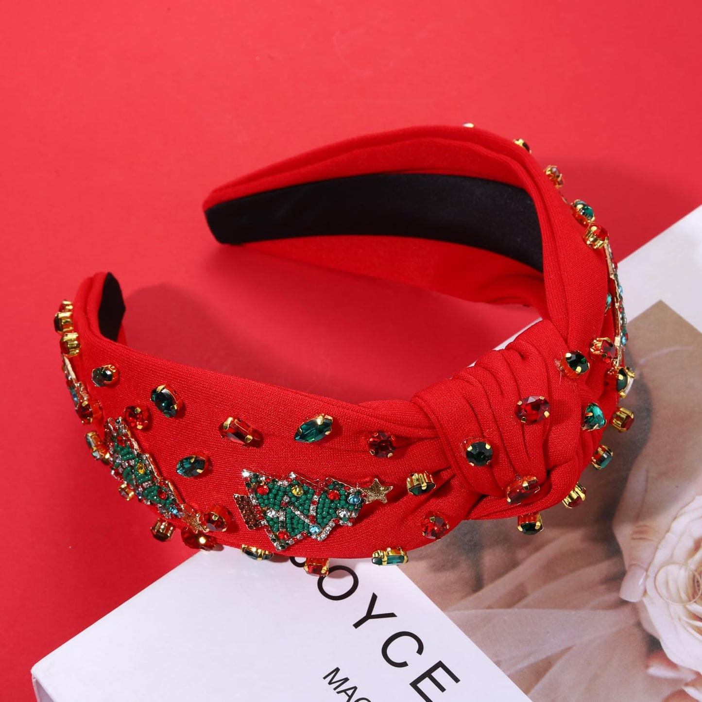 Christmas Headband for Women Jeweled Xmas Plaid Headband Embellished Crystal Pearl Knotted Headbands Wide Top Knot Holiday Headband Christmas Hair Accessories Holiday Outfits Gifts (Christmas Tree 7)