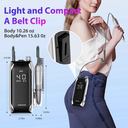 PURTATO Professional Nail Drill 40,000 RPM, Rechargeable,LCD Display E File Machine for Acrylic Nails Gel Polishing Removing Portable Nails Efile Tools for Manicure Salon & Home (Silver)