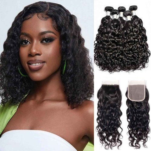 Czrleaty Human Hair Bundles with Closure, Water Wave Bundles with Closure Short Curly Wet and Wavy Bundles Human Hair with Closure (8/8/8/8/8+8)