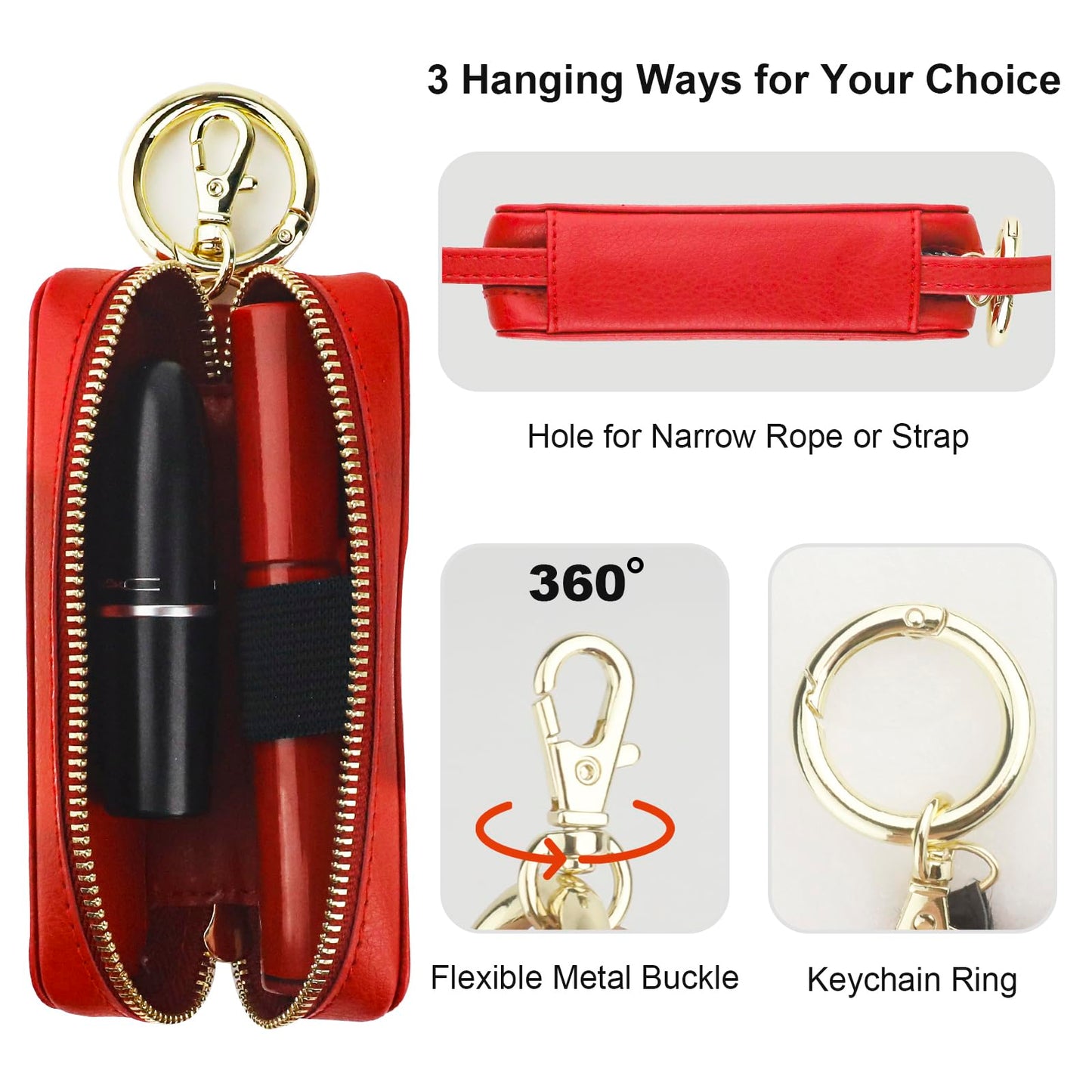 Bocasal Leather Lipstick Case Holder Chapstick Keychain Pouch, Zipper Lip Balm Lip Gloss Bag for Purse with Key Chain Elastic Band, Makeup Travel Organizer, Cosmetic Storage Kit for Women Girls (Red)