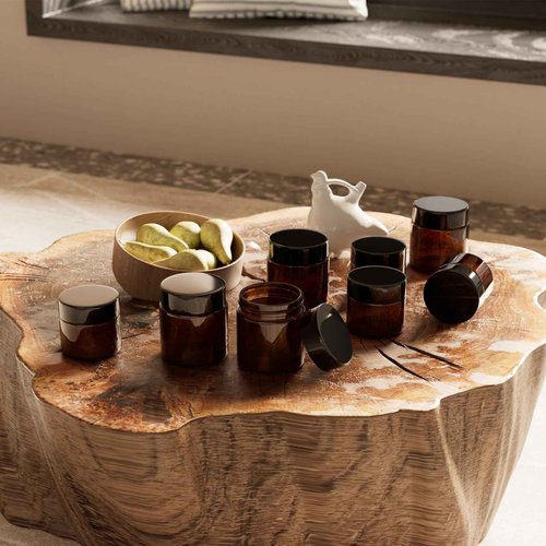 Ytuaebni 50Pcs(25×4oz + 25×2oz)Amber Glass Jars with Glossy Black & White Inner Lid Liners Airtight Small Glass Containers for Spices Candles Ointments DIY Crafts Travel Toiletries (4oz & 2oz Bundle)