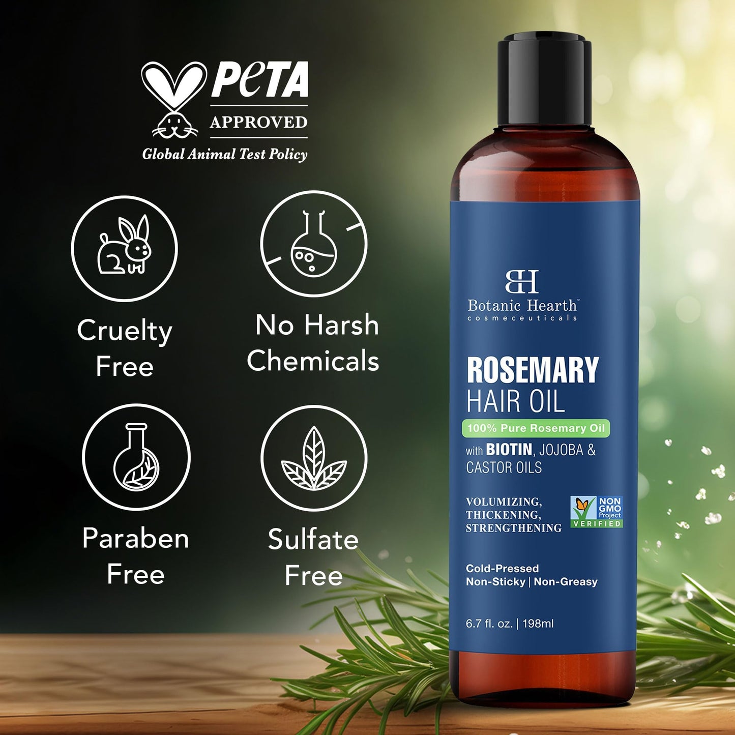 Botanic Hearth 100% Pure Rosemary Oil For Hair Growth Infused With Biotin | Hair Strenghtening Treatment | Nourishing & Volumizing | With Jojoba Oil & Castor Oil | Non GMO Verified | 6.7 fl oz