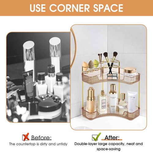 Cosmetic Display Cases Makeup Organizer: Corner Vanity Makeup Shelf Holder Multi-Function Bathroom Display box Cosmetic Storage Holder for Dresser,Fits Cosmetics, Perfume, Skincare(2-Tier,Amber Gold)