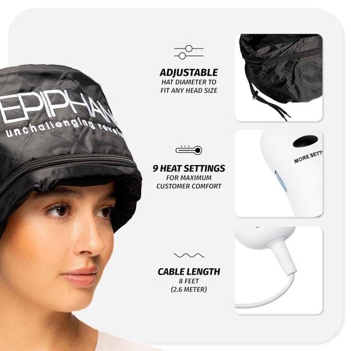 Epiphany Heat Cap for Deep Conditioning Hair Treatments – Electric Thermal Cap with 9 Heat Settings, Removable Washable Liner, Adjustable Fit, Long 8ft Cord, Embroidered Logo – Hair Repair & Hydration