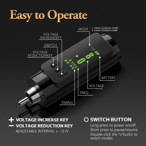 Tattoo Power Supply - Ambition Mini Wireless Portable RCA Tattoo 1200mAh Battery Pack with LED Digital Display for Rotary Tattoo Machine